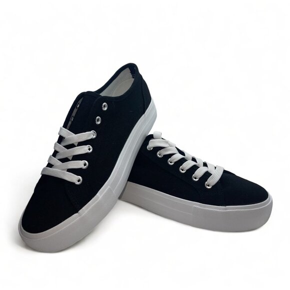 Women's casual sneakers in black canvas with white laces and soles, Size 10, New - Picture 1 of 8